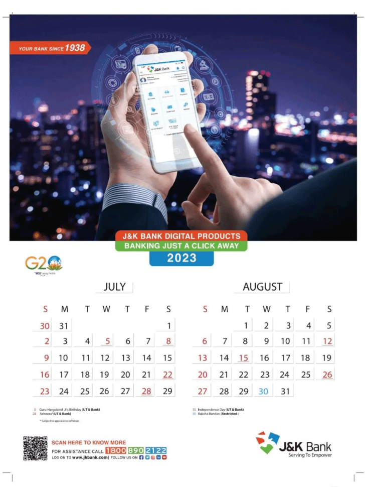 JK Bank Calendar 2023 for July and August Month