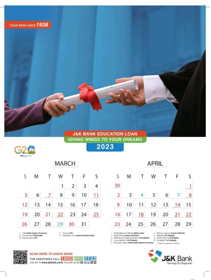 JK Bank Calendar 2023 for March and April Month