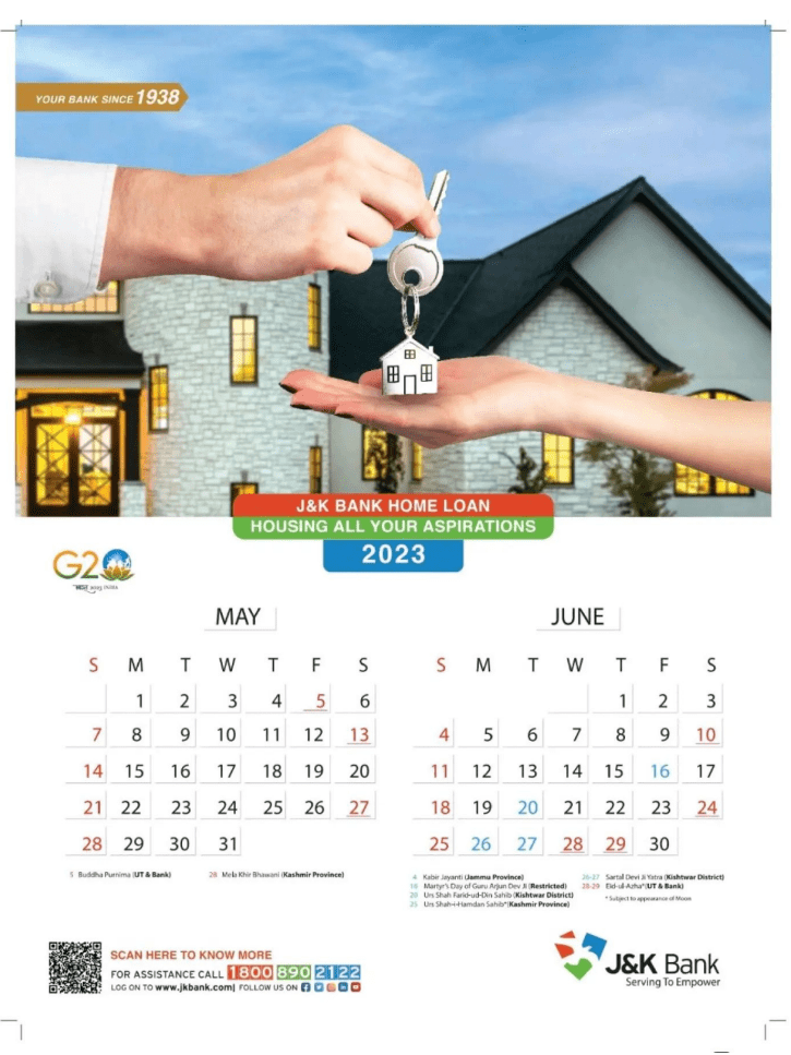 JK Bank Calendar 2023 for May and June Month