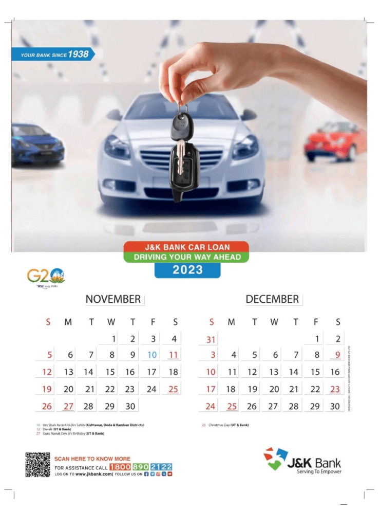 JK Bank Calendar 2023 for November and December Month