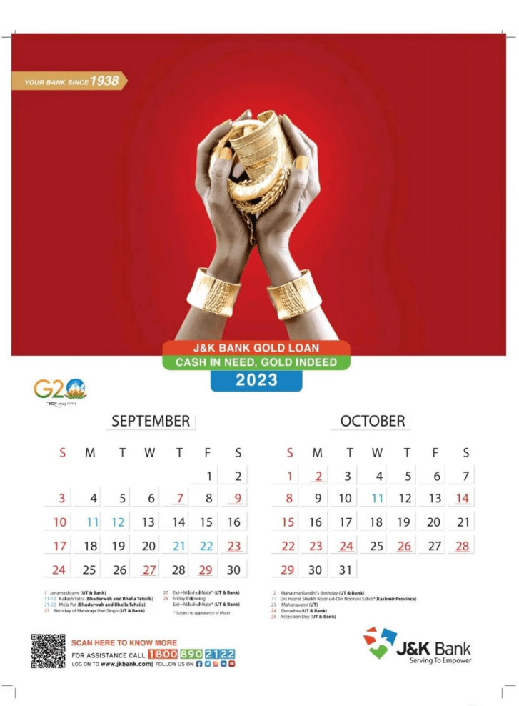 JK Bank Calendar 2023 for September and October Month